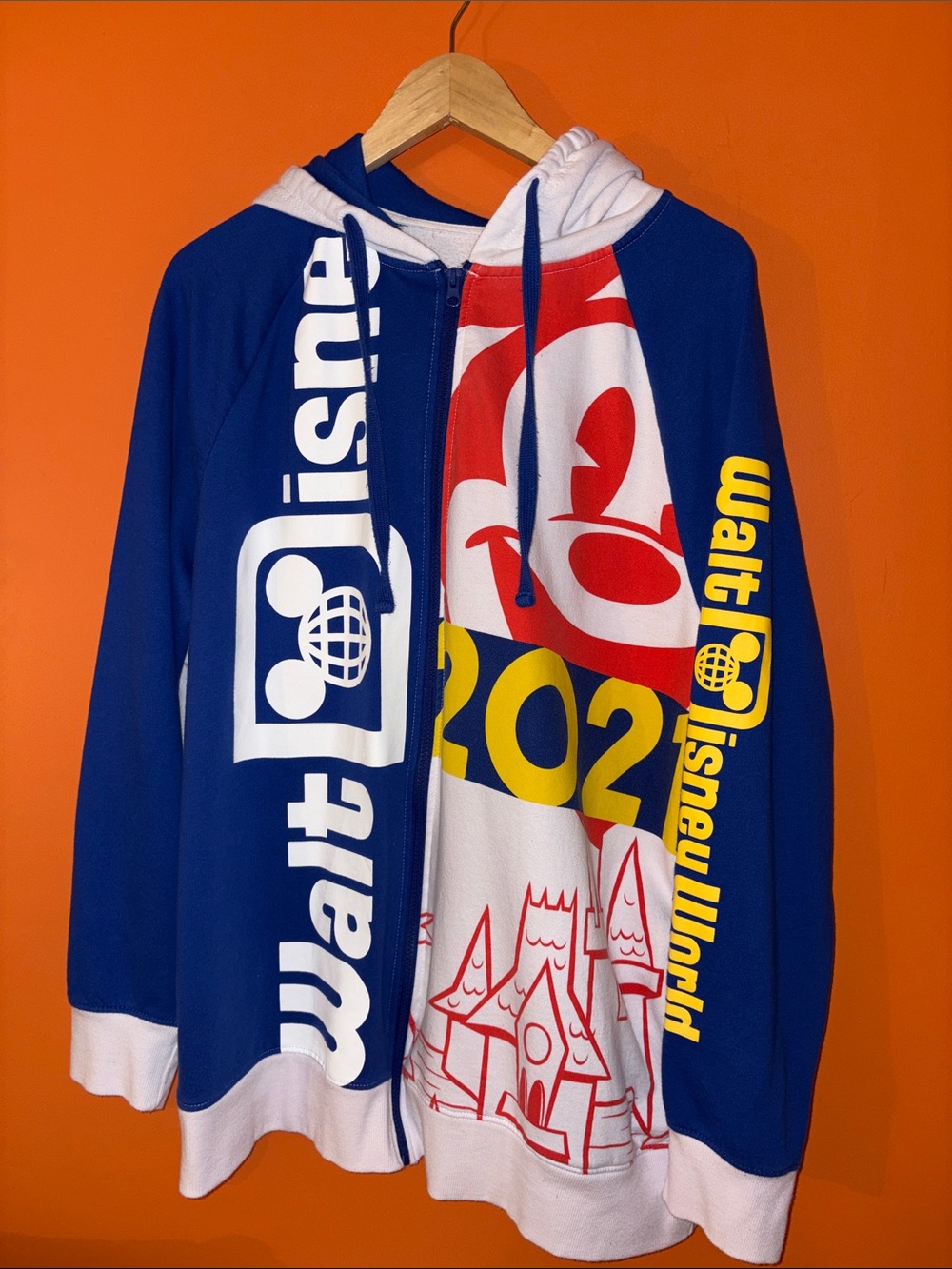 Disney Blue Red White Yellow 2021 Walt Disney World Zip Hoodie XL Unisex Sweater